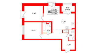 Квартира в ЖК ORO by Akvilon, 2 комнатная, 63.87 м², 8 этаж