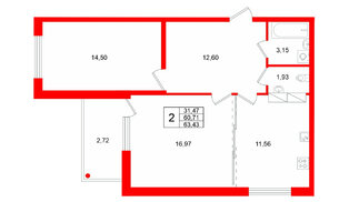 Квартира в ЖК Финский Квартал, 2 комнатная, 63.43 м², 1 этаж