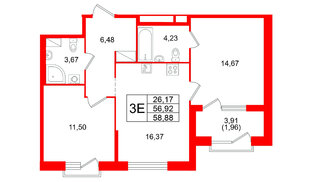 Квартира в ЖК ORO by Akvilon, 2 комнатная, 58.88 м², 3 этаж