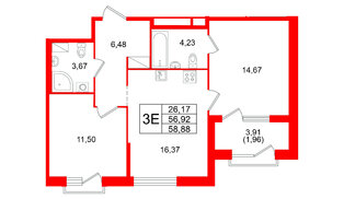 Квартира в ЖК ORO by Akvilon, 2 комнатная, 58.88 м², 11 этаж