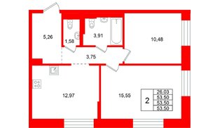 Квартира в ЖК Кольские огни, 2 комнатная, 53.5 м², 7 этаж