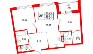 Квартира в ЖК «Аквилон Рива», 2 комнатная, 58.42 м², 17 этаж