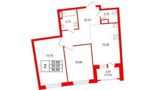Квартира в ЖК «Аквилон Рива», 2 комнатная, 56.8 м², 12 этаж