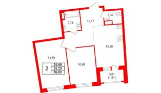 Квартира в ЖК «Аквилон Рива», 2 комнатная, 56.8 м², 15 этаж