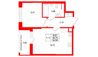 Квартира в ЖК «Город звёзд», 1 комнатная, 30.74 м², 6 этаж