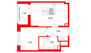 Квартира в ЖК «Город звёзд», 1 комнатная, 30.81 м², 3 этаж