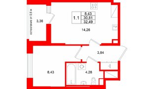 Квартира в ЖК «Город звёзд», 1 комнатная, 30.81 м², 8 этаж