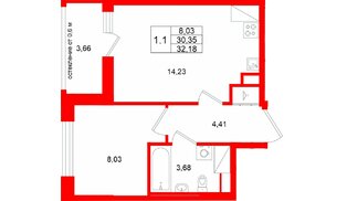 Квартира в ЖК «Город звёзд», 1 комнатная, 30.35 м², 23 этаж