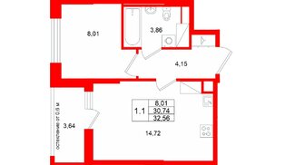 Квартира в ЖК «Город звёзд», 1 комнатная, 30.74 м², 7 этаж