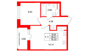 Квартира в ЖК «Город звёзд», 1 комнатная, 30.41 м², 12 этаж