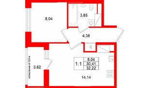 Квартира в ЖК «Город звёзд», 1 комнатная, 30.41 м², 21 этаж