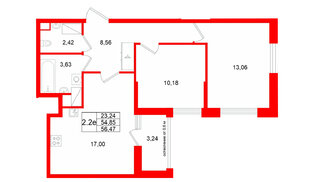 Квартира в ЖК «Город звёзд», 2 комнатная, 54.85 м², 14 этаж
