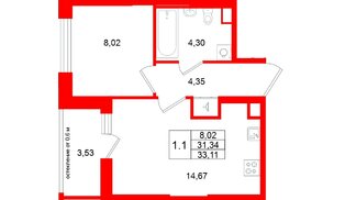 Квартира в ЖК «Город звёзд», 1 комнатная, 31.34 м², 2 этаж