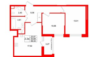 Квартира в ЖК «Город звёзд», 2 комнатная, 54.69 м², 8 этаж