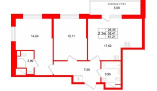 Квартира в ЖК «Город звёзд», 2 комнатная, 58.41 м², 17 этаж