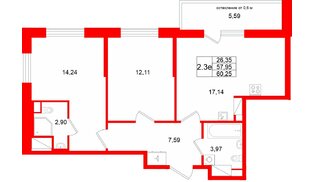 Квартира в ЖК «Город звёзд», 2 комнатная, 57.95 м², 23 этаж