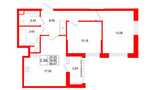Квартира в ЖК «Город звёзд», 2 комнатная, 54.85 м², 23 этаж