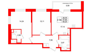 Квартира в ЖК «Город звёзд», 2 комнатная, 57.95 м², 19 этаж