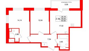 Квартира в ЖК «Город звёзд», 2 комнатная, 58.05 м², 10 этаж