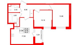 Квартира в ЖК «Город звёзд», 2 комнатная, 54.85 м², 12 этаж