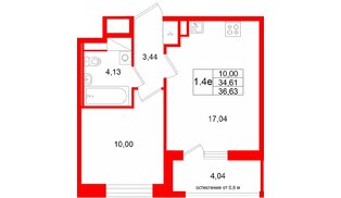 Квартира в ЖК «Город звёзд», 1 комнатная, 34.61 м², 3 этаж