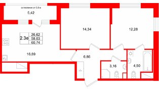 Квартира в ЖК «Город звёзд», 2 комнатная, 58.03 м², 4 этаж