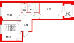 Квартира в ЖК «Кронфорт», 2 комнатная, 56.06 м², 1 этаж