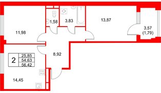 Квартира в ЖК «Кронфорт», 2 комнатная, 56.42 м², 4 этаж