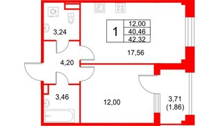 Квартира в ЖК «Кронфорт», 1 комнатная, 42.32 м², 1 этаж