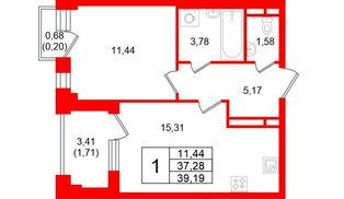 Квартира в ЖК «Кронфорт», 1 комнатная, 39.19 м², 3 этаж