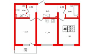 Квартира в ЖК «Цветной город», 2 комнатная, 54.4 м², 16 этаж