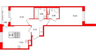 Квартира в ЖК Универ Сити, 2 комнатная, 54.45 м², 3 этаж