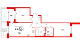 Квартира в ЖК Универ Сити, 2 комнатная, 54.67 м², 1 этаж