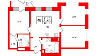Квартира в ЖК Юнтолово, 3 комнатная, 63.41 м², 20 этаж
