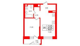 Квартира в ЖК Юнтолово, 1 комнатная, 38.81 м², 4 этаж
