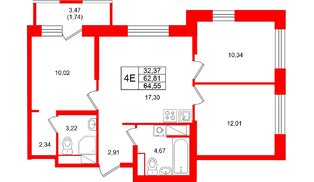 Квартира в ЖК Юнтолово, 3 комнатная, 64.55 м², 7 этаж