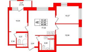 Квартира в ЖК Юнтолово, 3 комнатная, 64.66 м², 17 этаж
