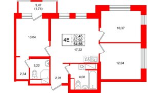 Квартира в ЖК Юнтолово, 3 комнатная, 64.66 м², 21 этаж