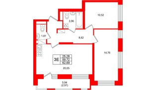 Квартира в ЖК Юнтолово, 2 комнатная, 62.69 м², 20 этаж