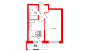 Квартира в ЖК Юнтолово, 1 комнатная, 36.13 м², 13 этаж
