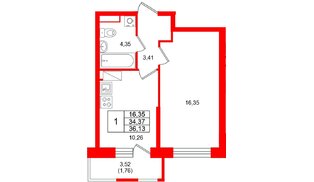 Квартира в ЖК «Юнтолово», 1 комнатная, 36.13 м², 16 этаж