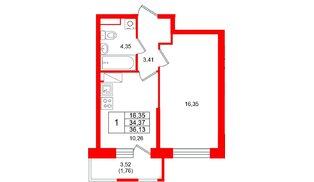 Квартира в ЖК «Юнтолово», 1 комнатная, 36.13 м², 21 этаж