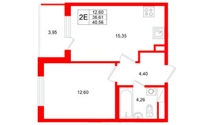 Квартира в ЖК Югтаун, 1 комнатная, 40.56 м², 3 этаж