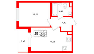 Квартира в ЖК Югтаун, 1 комнатная, 40.91 м², 1 этаж