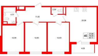 Квартира в ЖК Югтаун, 3 комнатная, 80.11 м², 1 этаж