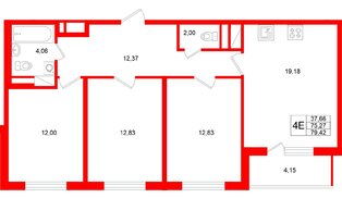 Квартира в ЖК Югтаун, 3 комнатная, 79.42 м², 2 этаж