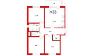 Квартира в ЖК Югтаун, 3 комнатная, 80.7 м², 3 этаж