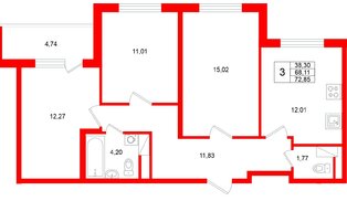 Квартира в ЖК Югтаун, 3 комнатная, 72.85 м², 4 этаж