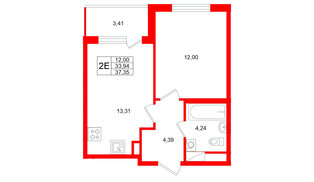 Квартира в ЖК Югтаун, 1 комнатная, 37.35 м², 3 этаж