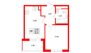Квартира в ЖК Югтаун, 1 комнатная, 38.49 м², 4 этаж